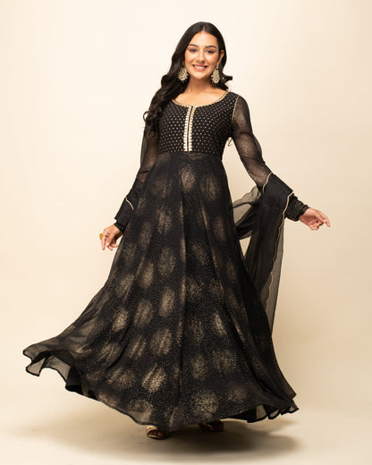 Women's Black Georgette Printed Gown with dupatta