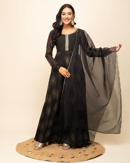 Women's Black Georgette Printed Gown with dupatta