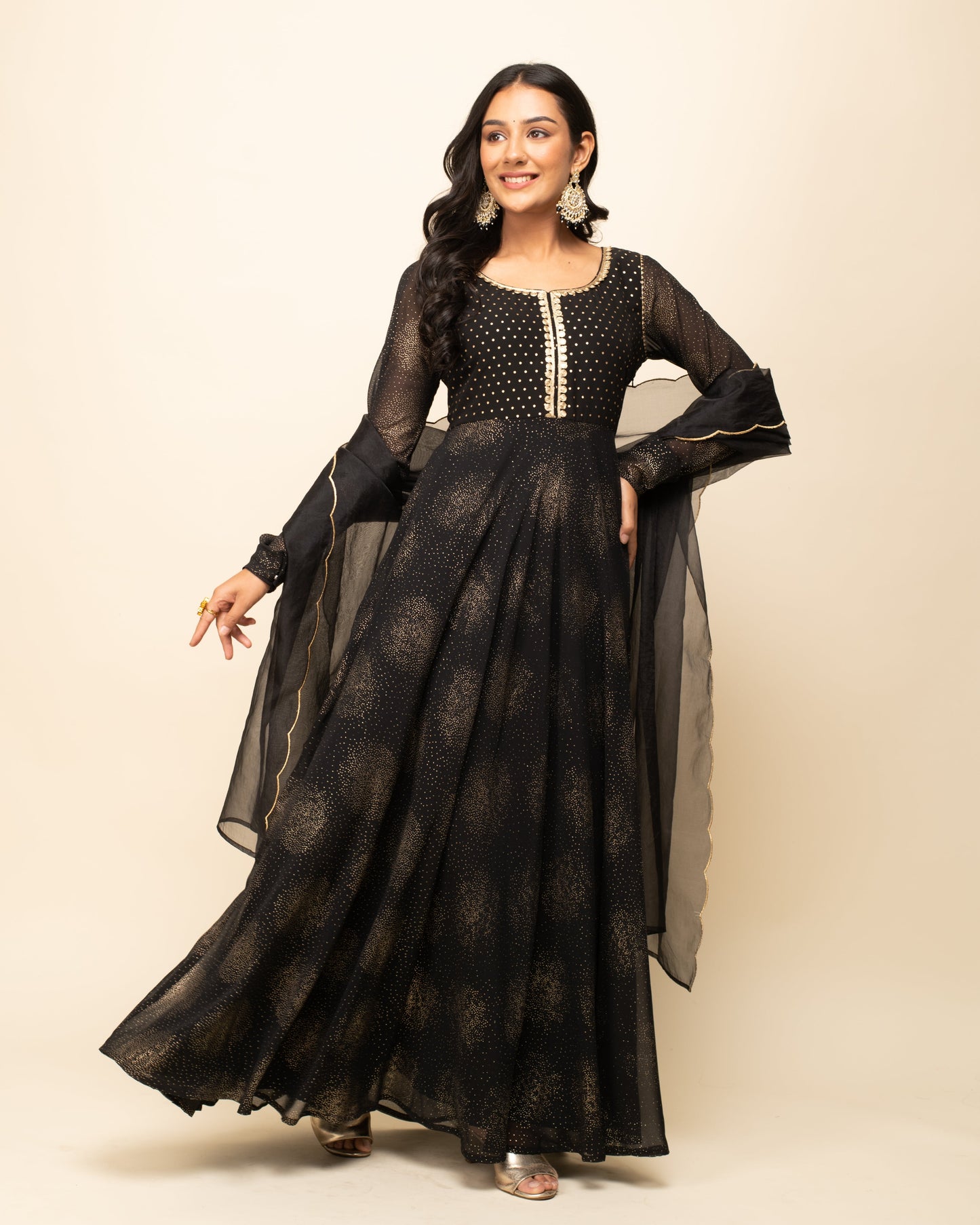 Women's Black Georgette Printed Gown with dupatta