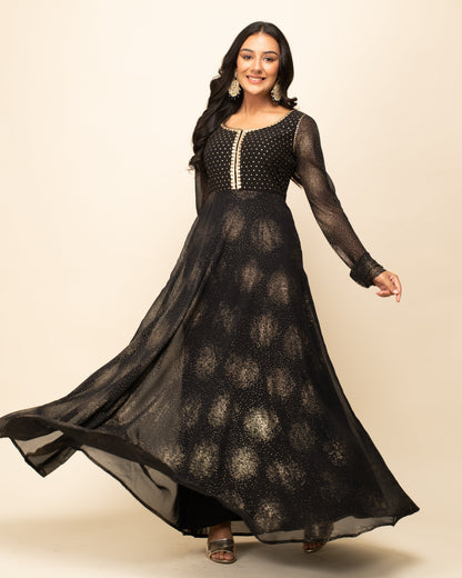 Women's Black Georgette Printed Gown with dupatta