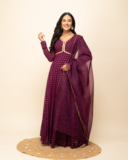 Women's Wine Georgette Printed Gown With Dupatta