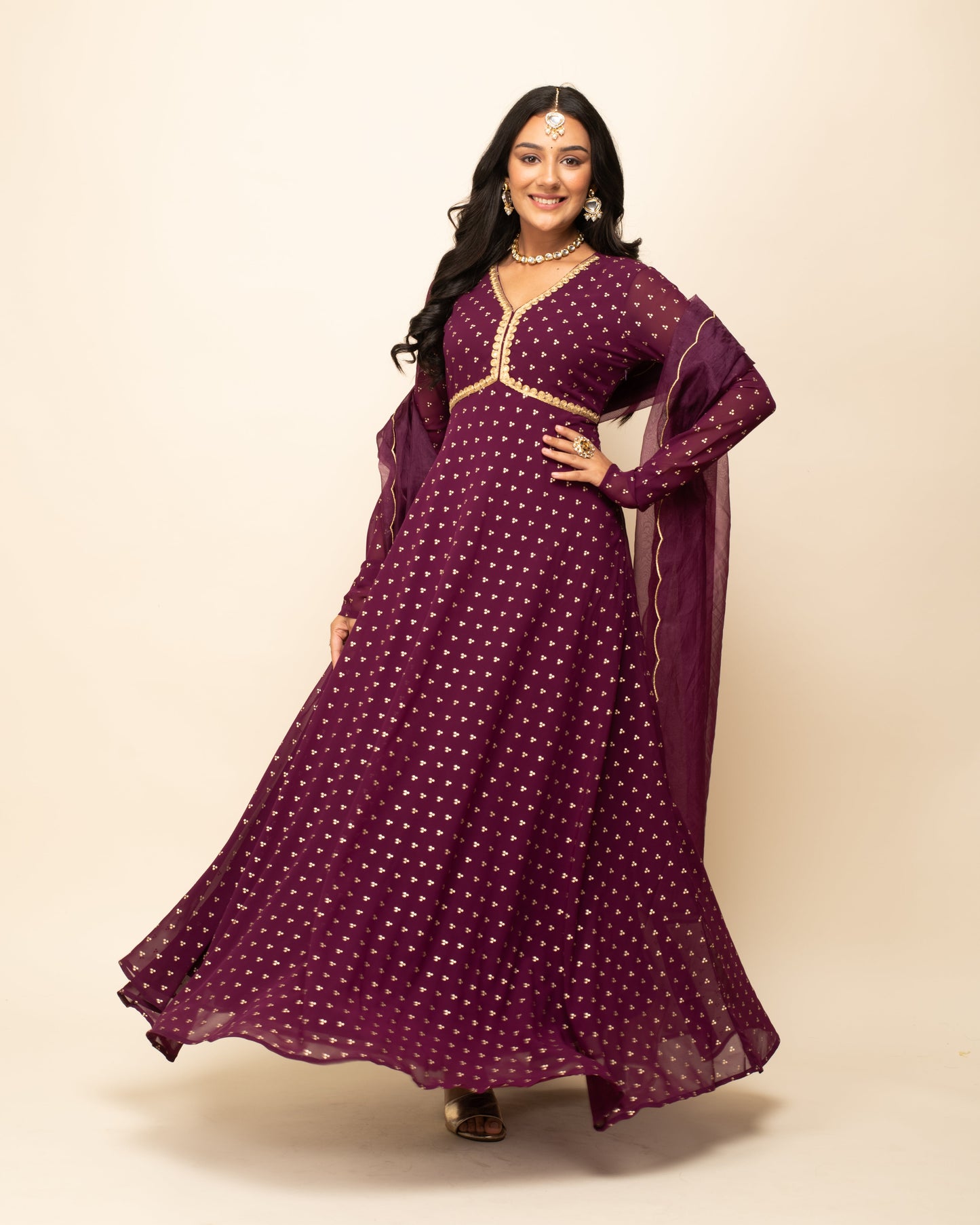 Women's Wine Georgette Printed Gown With Dupatta