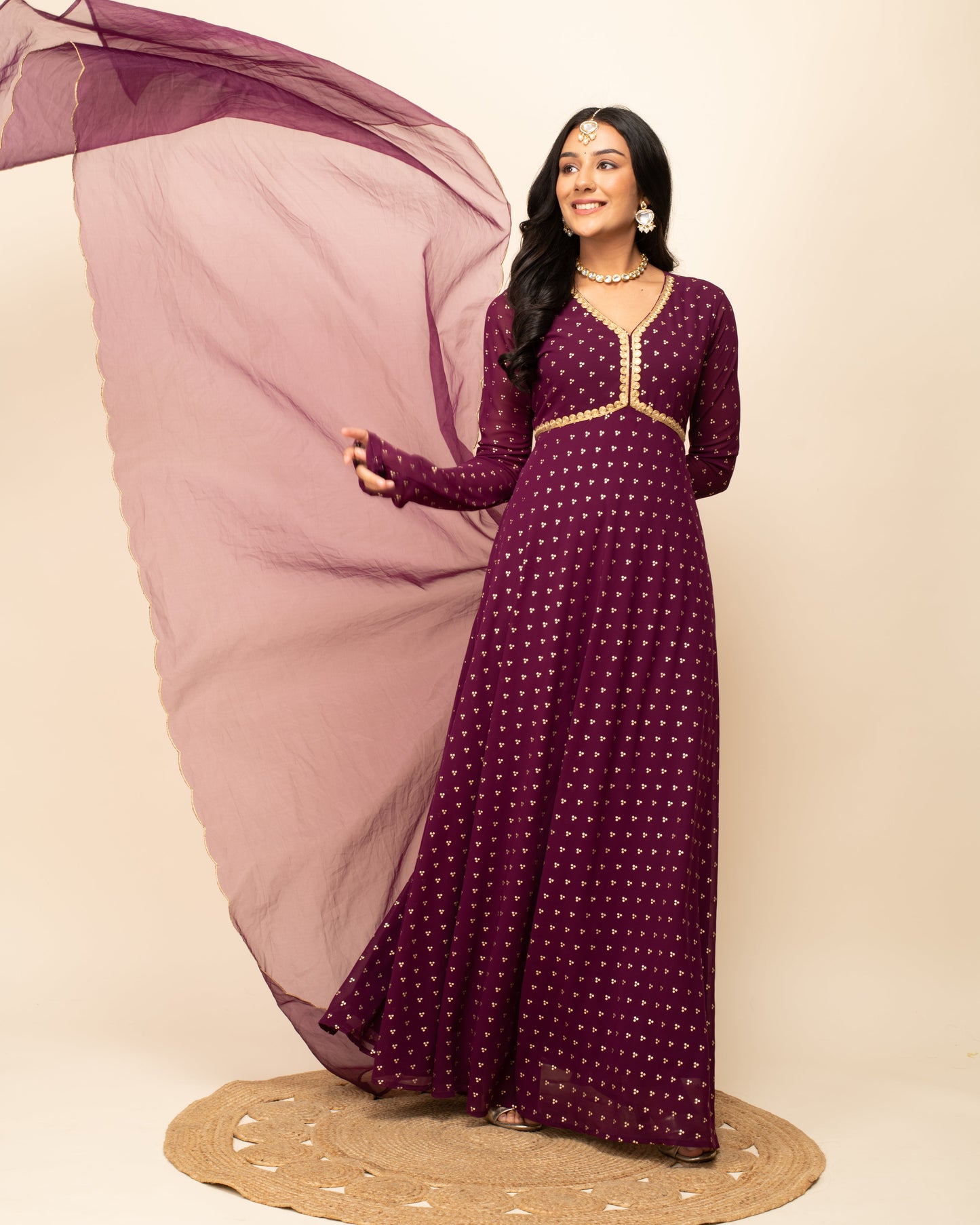 Women's Wine Georgette Printed Gown With Dupatta