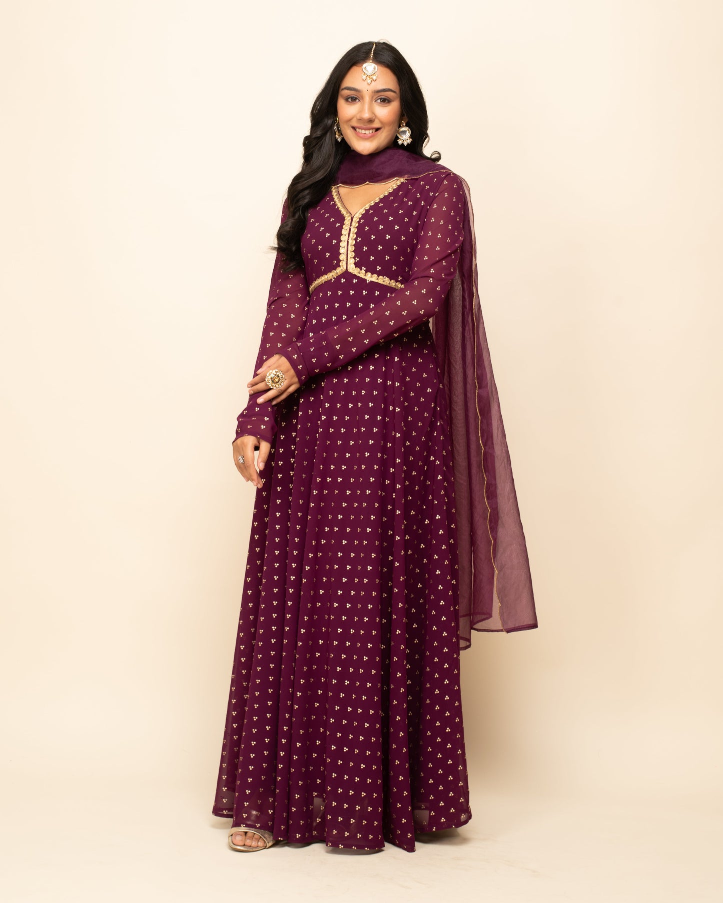 Women's Wine Georgette Printed Gown With Dupatta