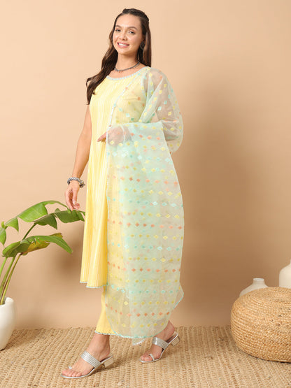 Women's Light Yellow Lurex Cotton A-Line Kurta and Pant With Dupatta