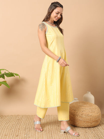 Women's Light Yellow Lurex Cotton A-Line Kurta and Pant With Dupatta