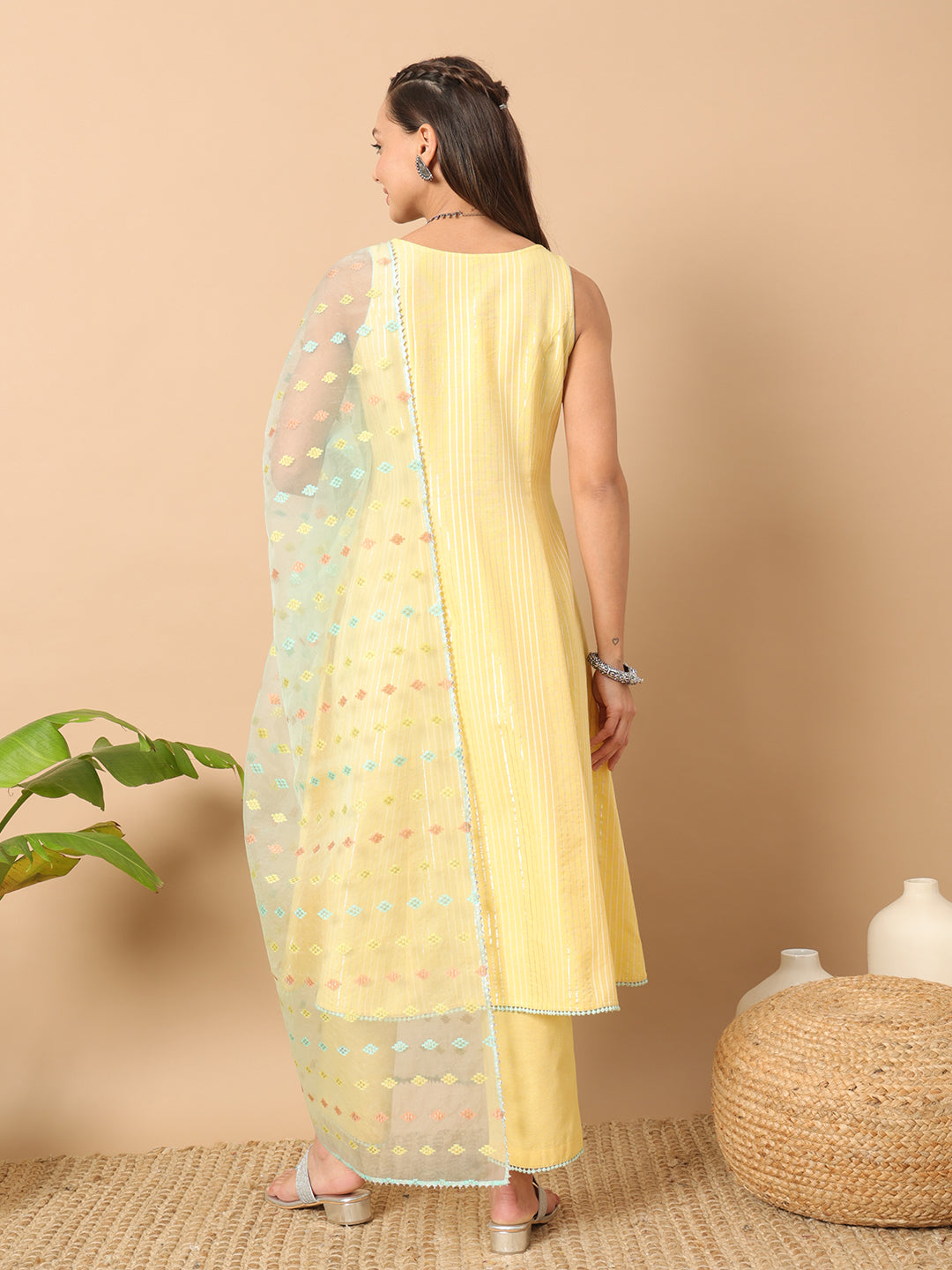 Women's Light Yellow Lurex Cotton A-Line Kurta and Pant With Dupatta