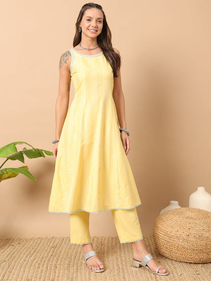 Women's Light Yellow Lurex Cotton A-Line Kurta and Pant With Dupatta