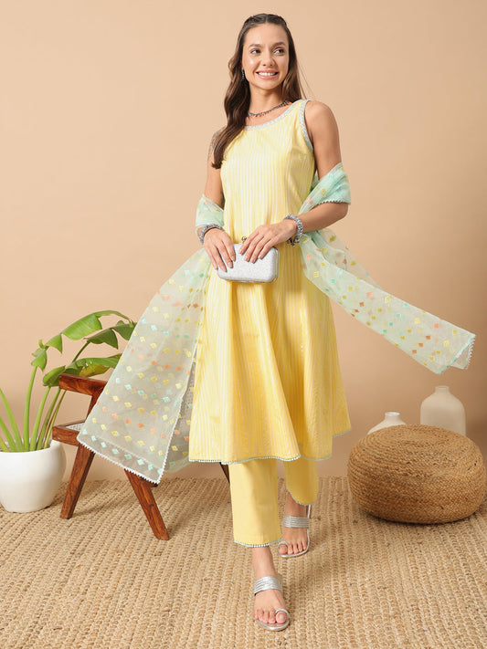 Women's Light Yellow Lurex Cotton A-Line Kurta and Pant With Dupatta