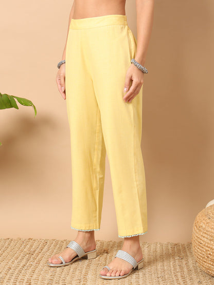 Women's Light Yellow Lurex Cotton A-Line Kurta and Pant With Dupatta