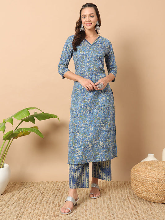 Women's Light Blue Cotton Straight Kurta Set