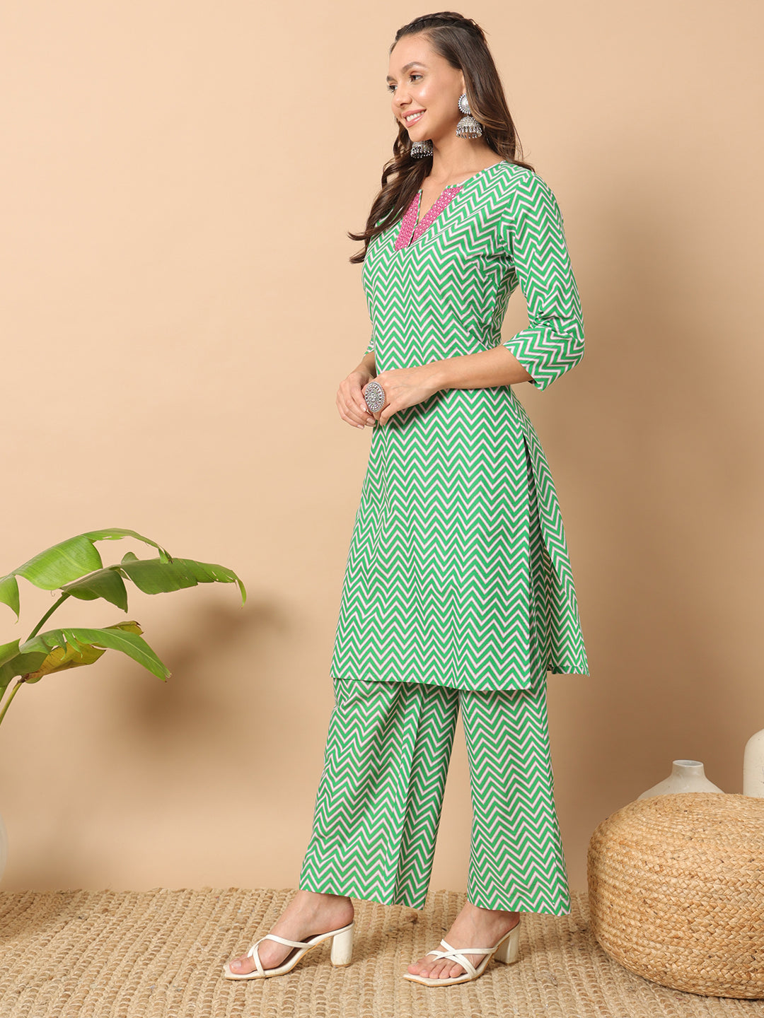 Dhiyona FL Women's Sea Green Cotton Straight Kurta Set