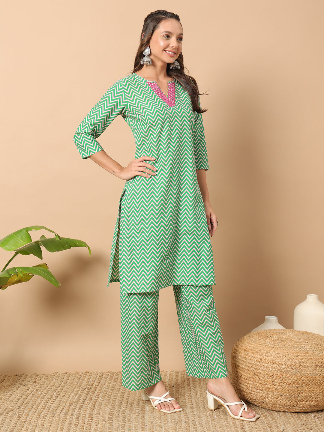 Dhiyona FL Women's Sea Green Cotton Straight Kurta Set