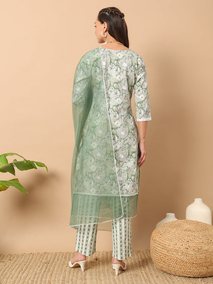 Women's Light Green Cotton Straight Kurta and Pant With Dupatta