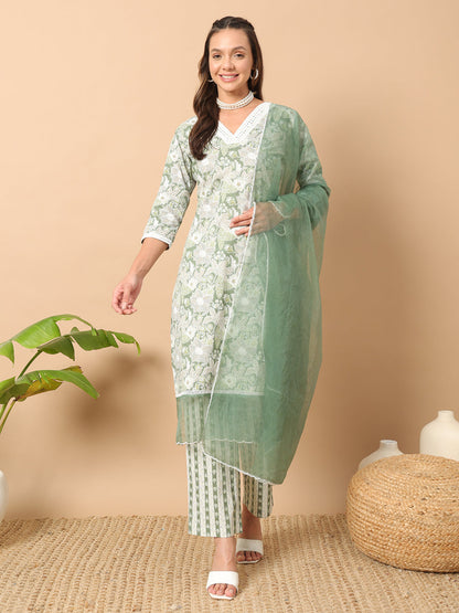 Women's Light Green Cotton Straight Kurta and Pant With Dupatta