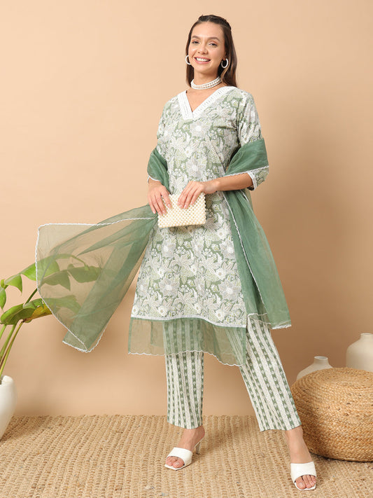 Women's Light Green Cotton Straight Kurta and Pant With Dupatta