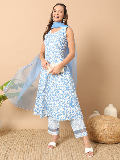 Women's Sky Blue Cotton A-line Kurta and Pant With Dupatta