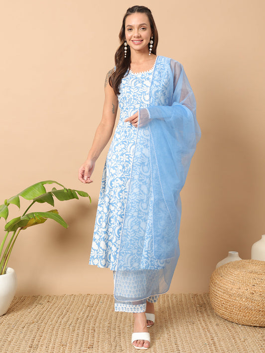 Women's Sky Blue Cotton A-line Kurta and Pant With Dupatta