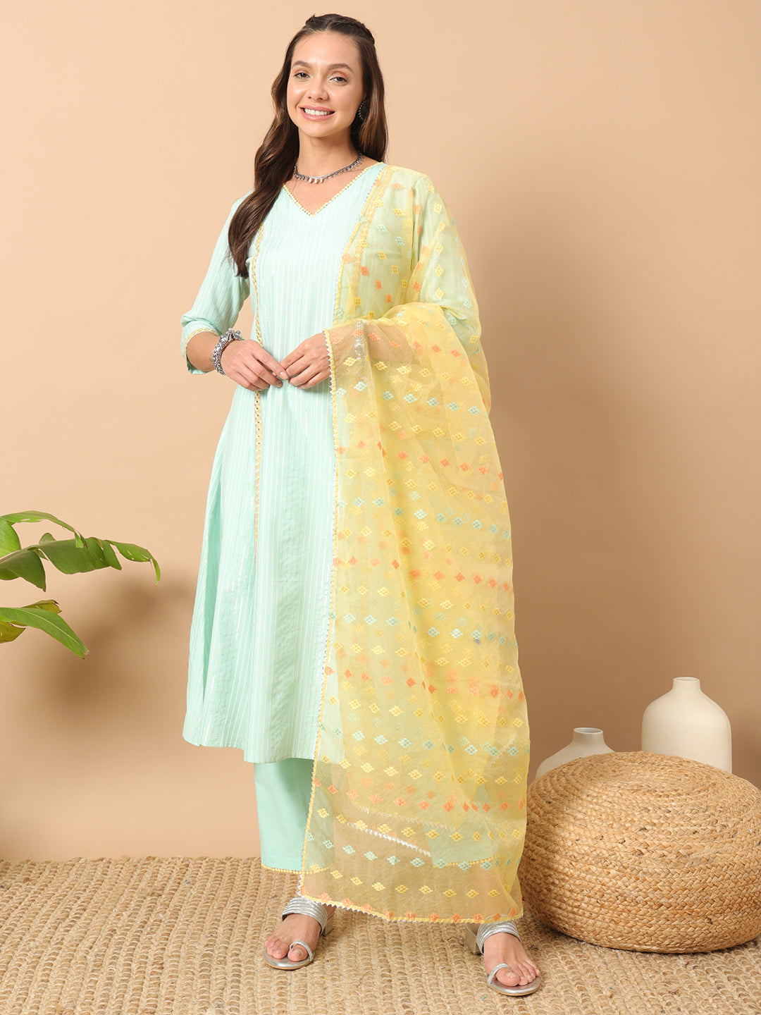 Women's Sea Green Lurex Cotton A-Line Kurta and Pant With Dupatta