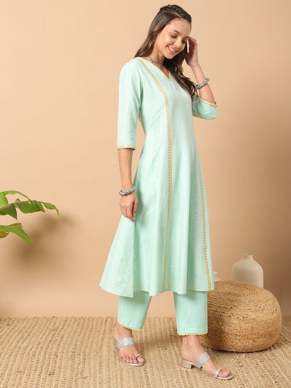 Women's Sea Green Lurex Cotton A-Line Kurta and Pant With Dupatta