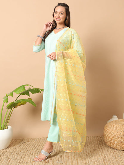 Women's Sea Green Lurex Cotton A-Line Kurta and Pant With Dupatta