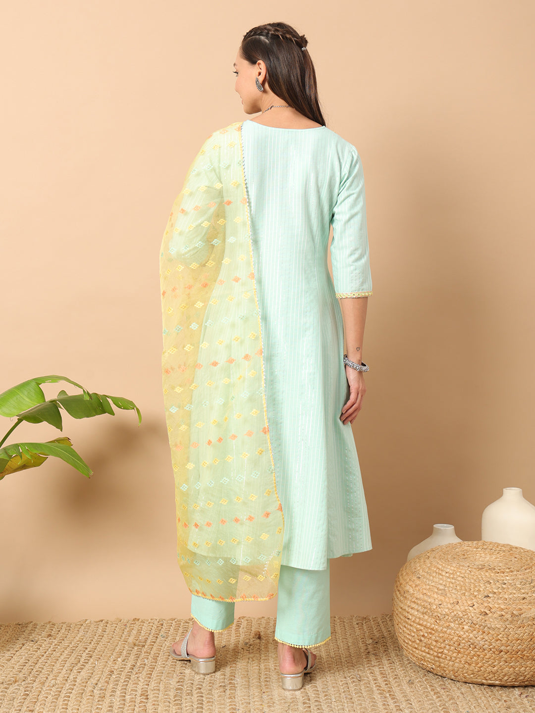 Women's Sea Green Lurex Cotton A-Line Kurta and Pant With Dupatta