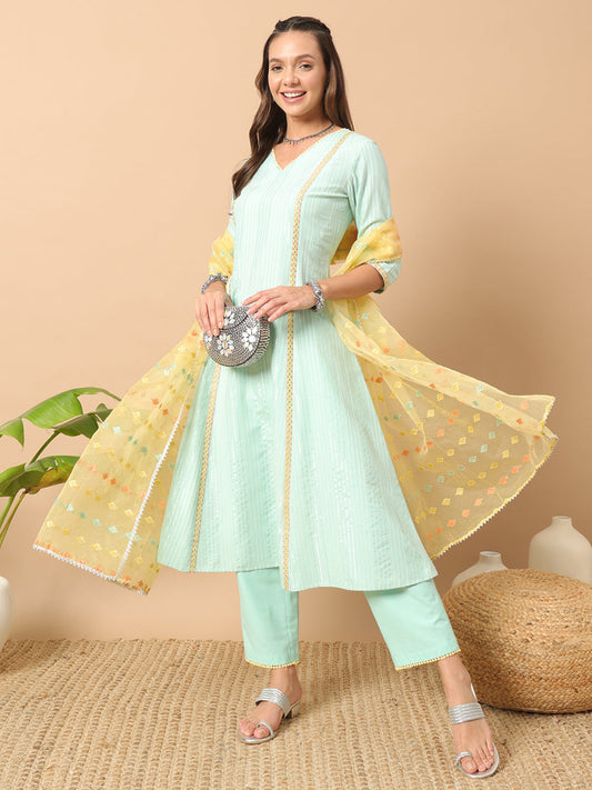 Women's Sea Green Lurex Cotton A-Line Kurta and Pant With Dupatta