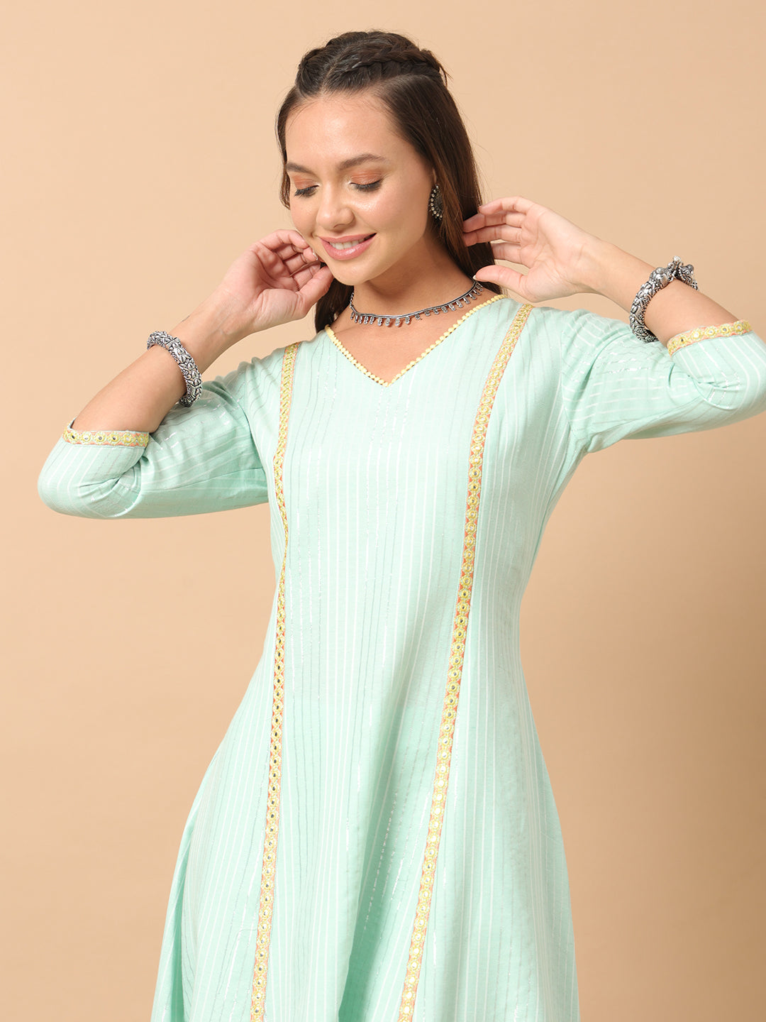 Women's Sea Green Lurex Cotton A-Line Kurta and Pant With Dupatta