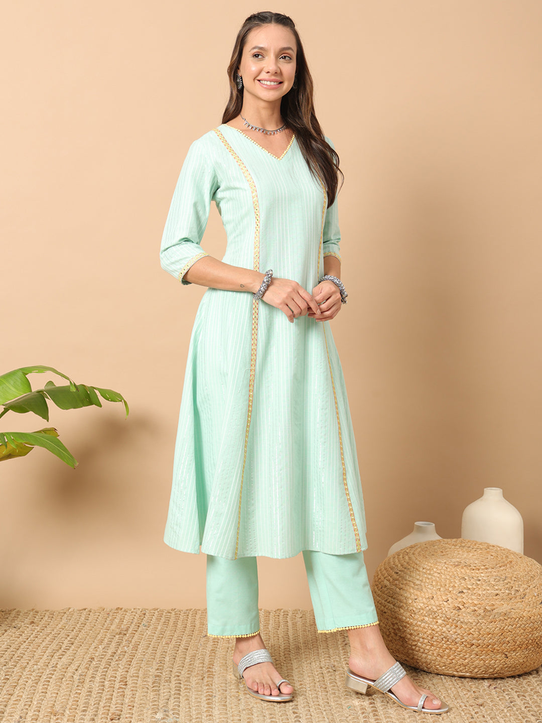 Women's Sea Green Lurex Cotton A-Line Kurta and Pant With Dupatta