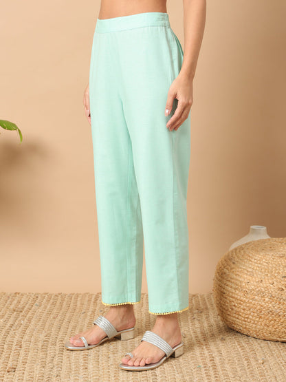 Women's Sea Green Lurex Cotton A-Line Kurta and Pant With Dupatta