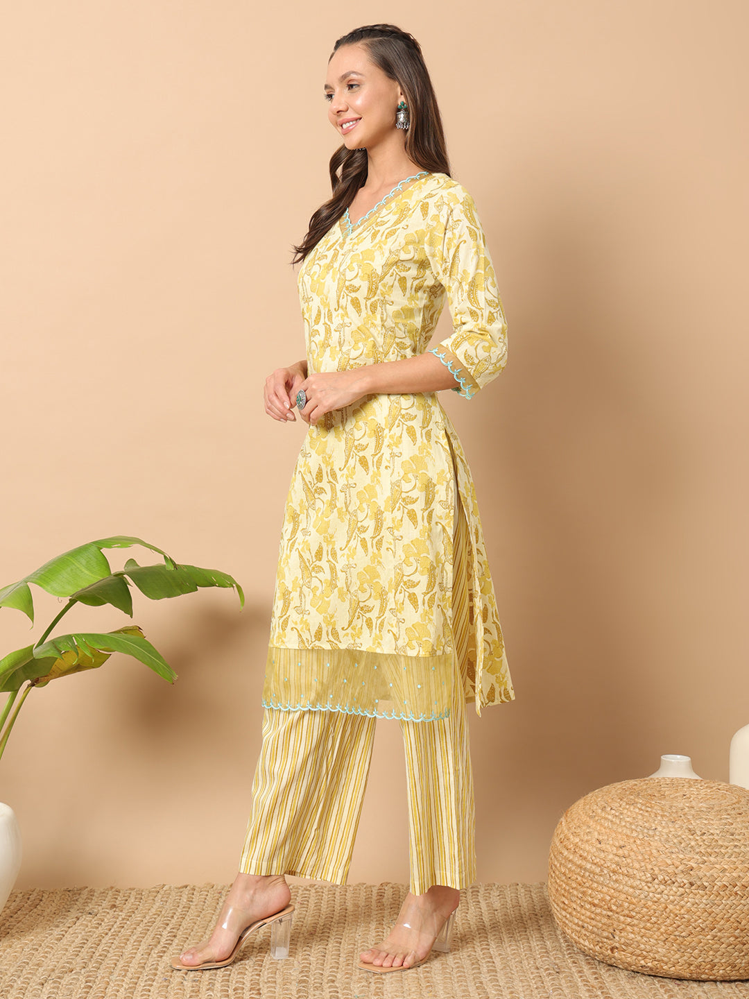 Women's Yellow Cotton Straight Kurta and Pant