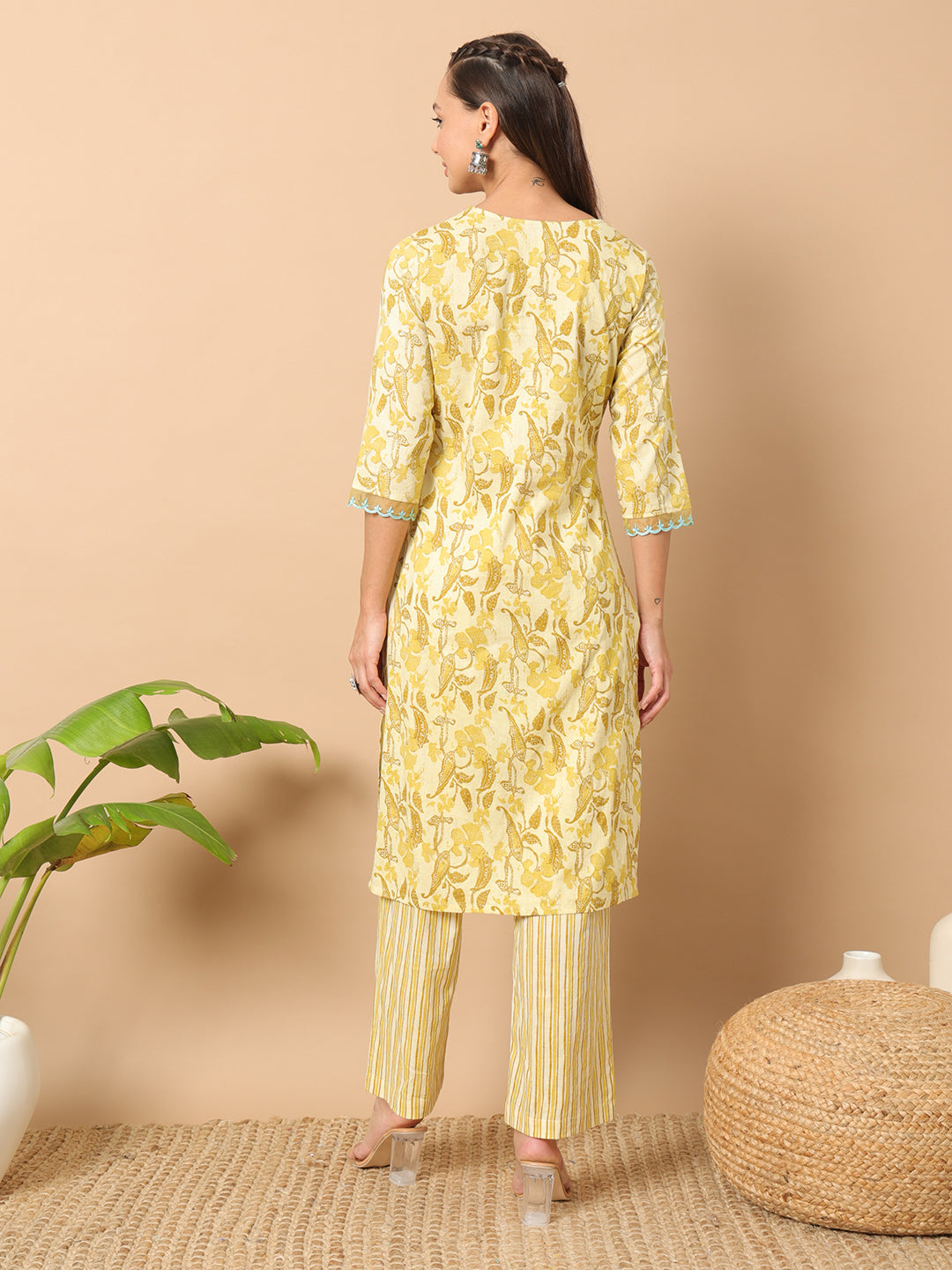 Women's Yellow Cotton Straight Kurta and Pant