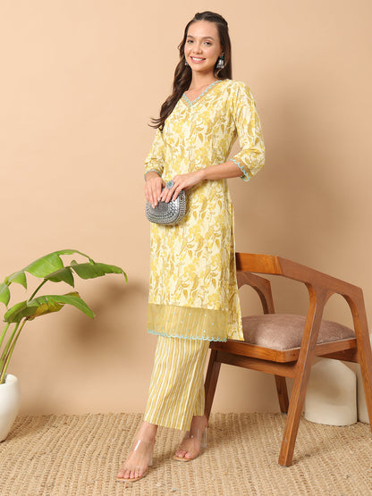 Women's Yellow Cotton Straight Kurta and Pant