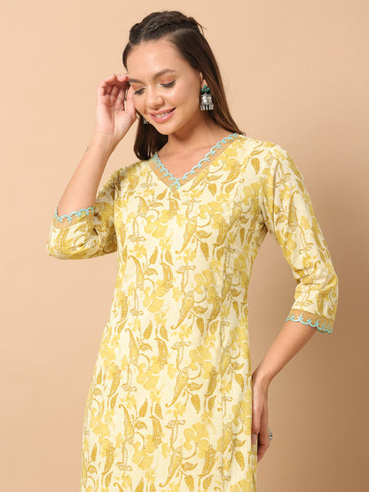 Women's Yellow Cotton Straight Kurta and Pant