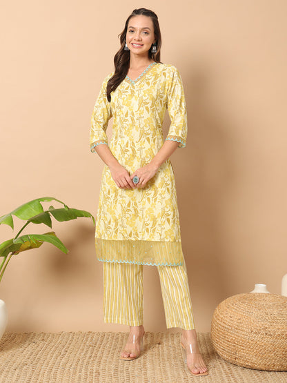 Women's Yellow Cotton Straight Kurta and Pant