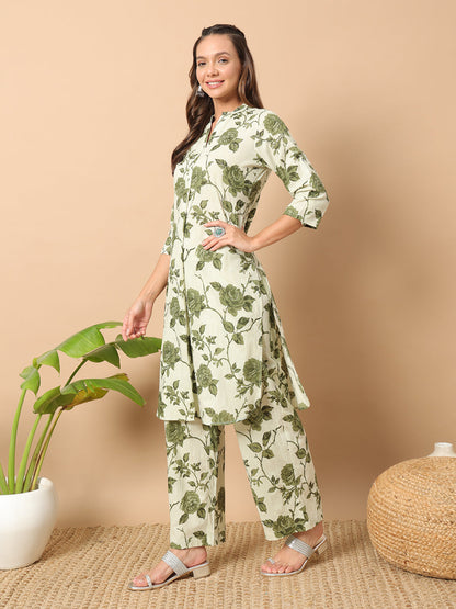 Women's Sage Green Cotton Straight Kurta and Pant