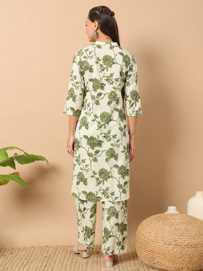 Women's Sage Green Cotton Straight Kurta and Pant