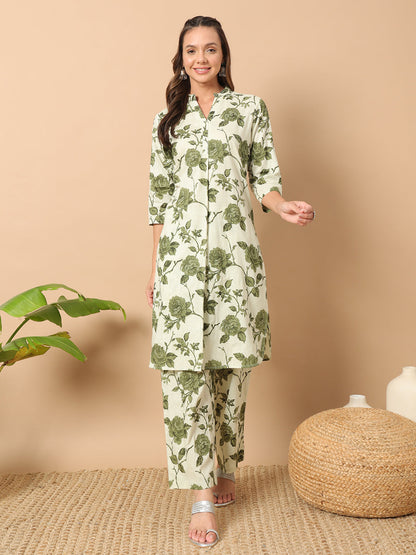 Women's Sage Green Cotton Straight Kurta and Pant