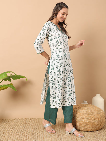 Dhiyona FL Women's White Cotton Straight Kurta Set