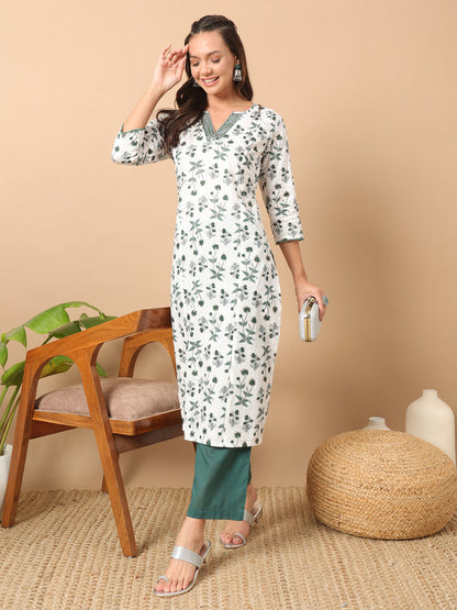 Dhiyona FL Women's White Cotton Straight Kurta Set