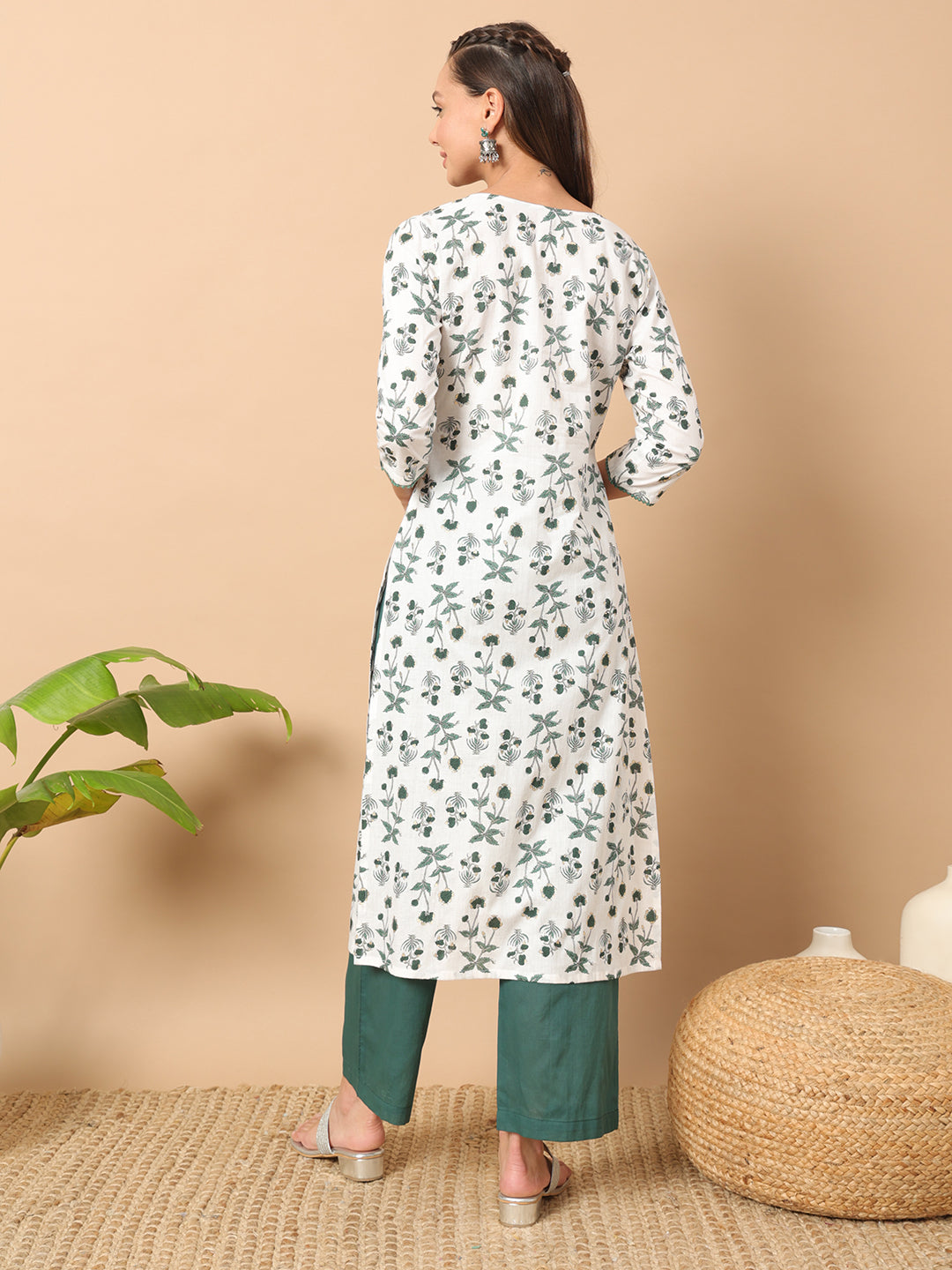 Dhiyona FL Women's White Cotton Straight Kurta Set