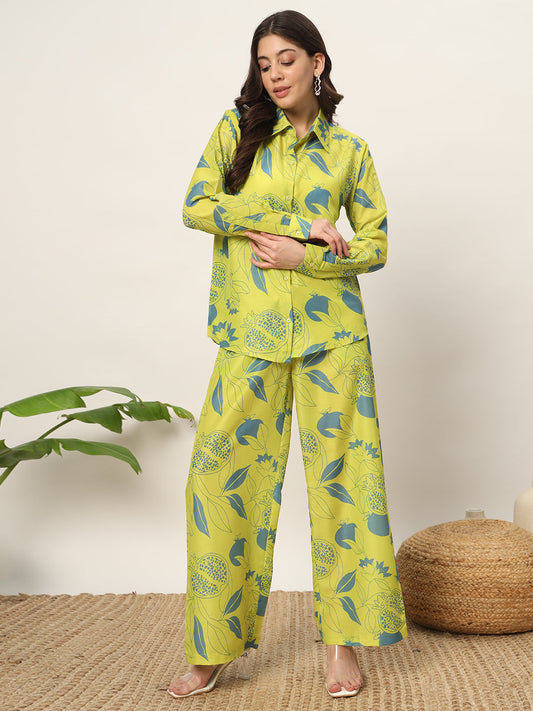 Women's Lime Green Cotton Blend Printed Shirt With Palazzo Co-ords Set