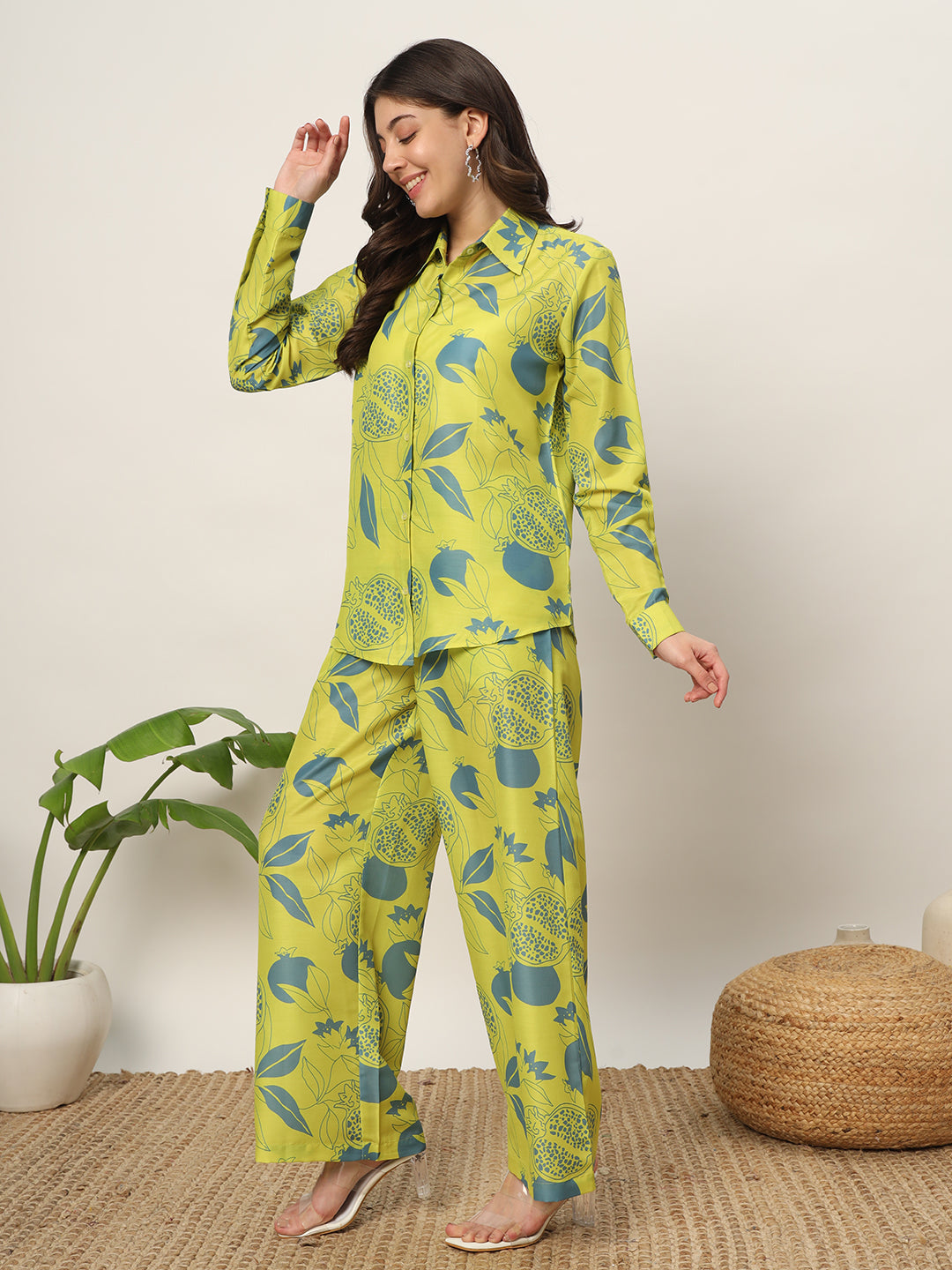 Women's Lime Green Cotton Blend Printed Shirt With Palazzo Co-ords Set