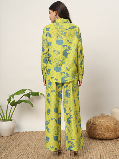 Women's Lime Green Cotton Blend Printed Shirt With Palazzo Co-ords Set