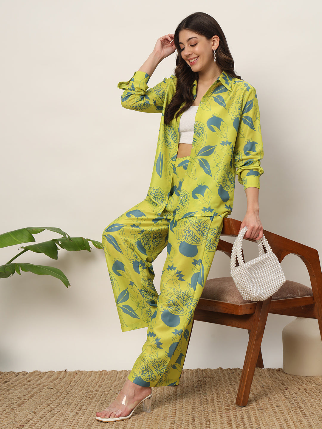 Women's Lime Green Cotton Blend Printed Shirt With Palazzo Co-ords Set