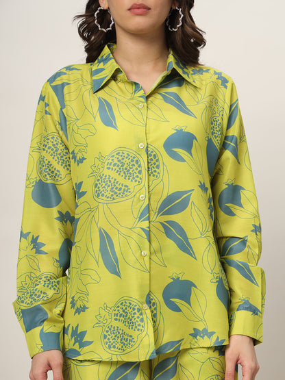 Women's Lime Green Cotton Blend Printed Shirt With Palazzo Co-ords Set