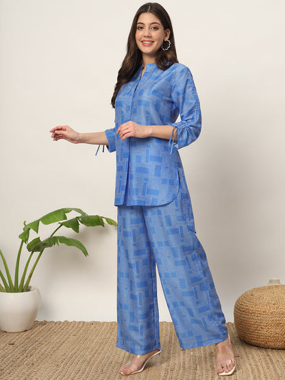 Women's Blue Cotton Blend Printed Shirt With Palazzo Co-ords Set