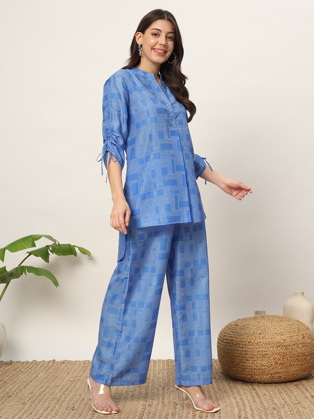 Women's Blue Cotton Blend Printed Shirt With Palazzo Co-ords Set