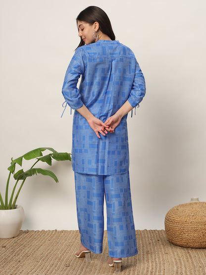 Women's Blue Cotton Blend Printed Shirt With Palazzo Co-ords Set