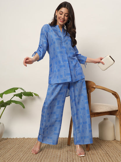 Women's Blue Cotton Blend Printed Shirt With Palazzo Co-ords Set